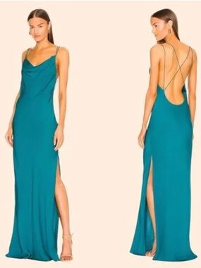 NWT L’academie Olena Turquoise Cowl Neckline Low Strappy Back Maxi Dress Size XS